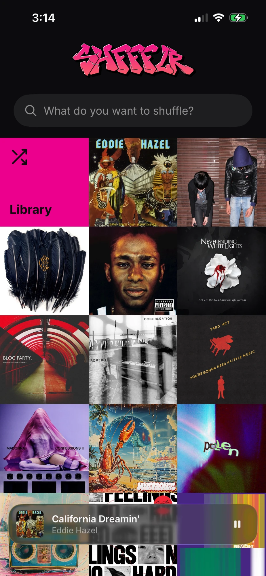 The shffflr home screen: a search field reading “What do you want to shuffle?” above a grid of album artwork, with a now-playing bar at the bottom.
